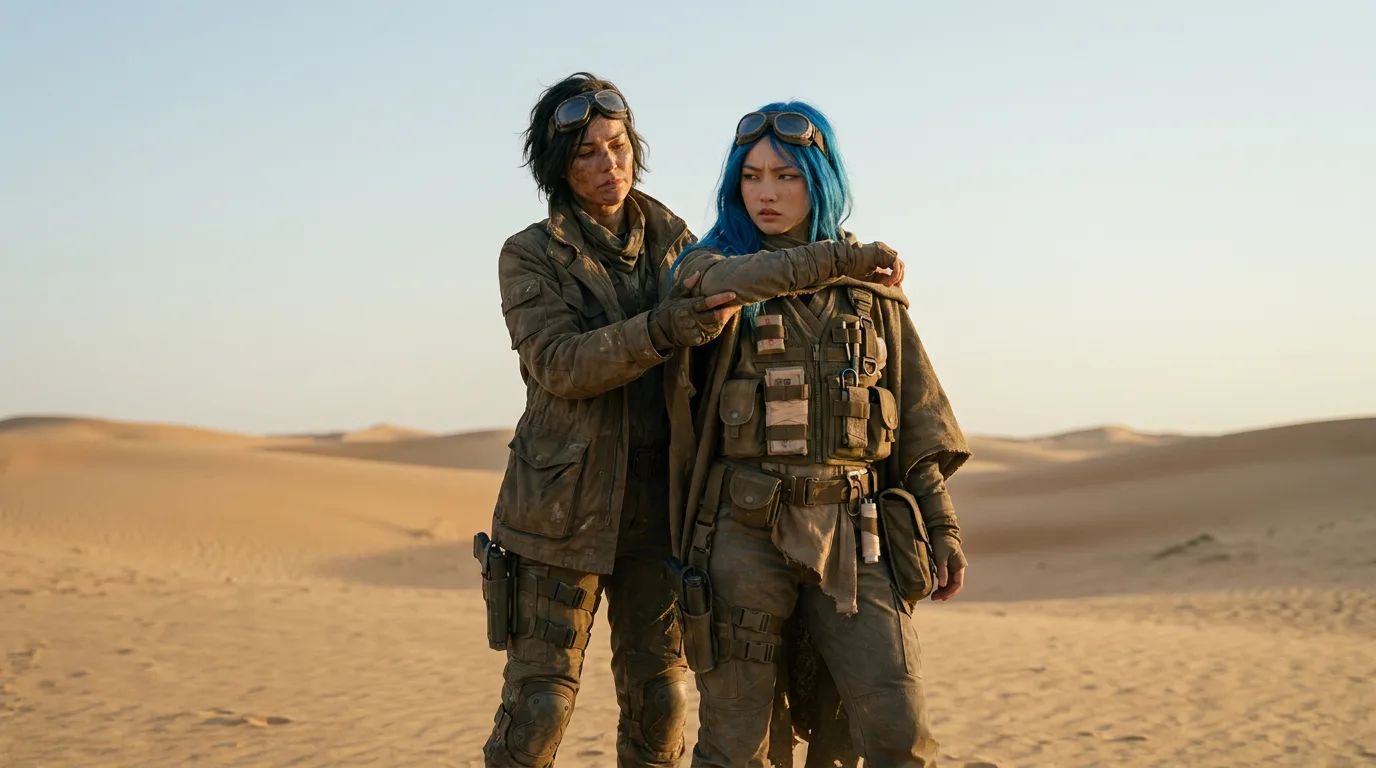 The sand dunes stretch out like a barren sea, their gentle slopes a reminder of the vastness of the desert. Akari's hand wraps around Miyu's arm, a quiet gesture of support as they stand together, their rugged gear a testament to their journey. The air is thick with the metallic scent of their CORE7 rig, a constant companion on their quest.
