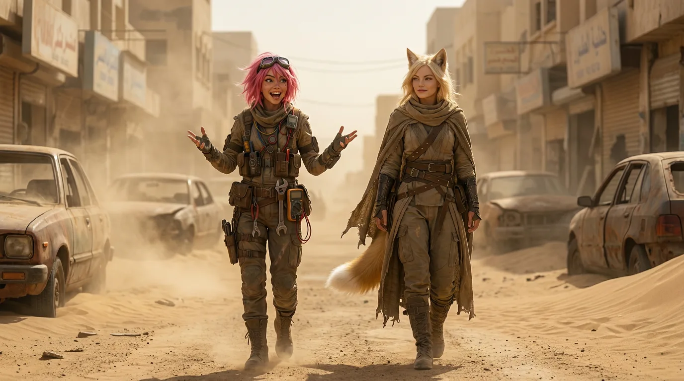 Komi and Miyu stroll down a dusty street, their footsteps kicking up clouds of sand. Miyu, with her pink hair, gestures animatedly, while Komi, sporting a fox ear, walks beside her, a hint of a smile on her face. The air is thick with the smell of metal and radiation, but the two women seem at ease, their eyes scanning the desolate landscape. The town, once bustling, now lies still, a testament to the harsh realities of their world.