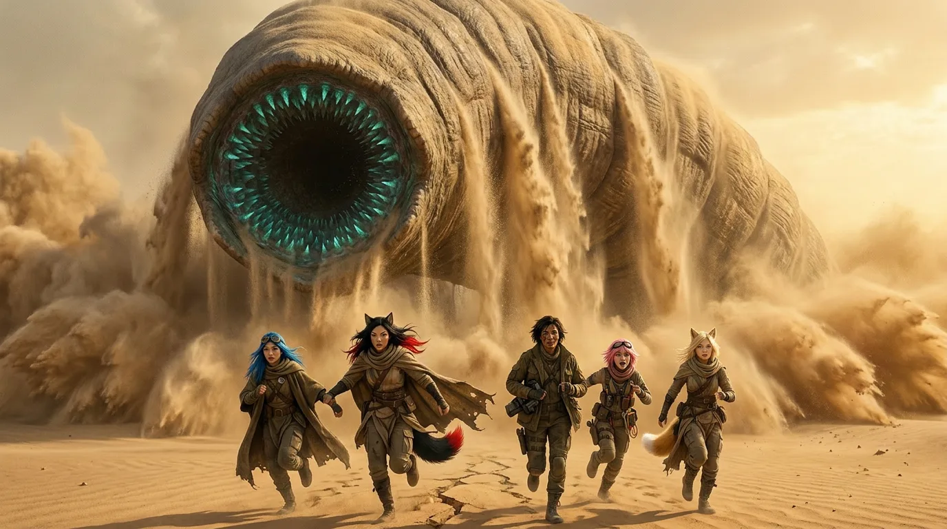 The sand swirls around us, a whirlwind of golden grit that stings our skin. Rika's hammer rises, and the tank-beetle's armor cracks under its force. Aika's rig hums, broadcasting our presence to any who might listen. We run, our footsteps echoing off the dunes as we flee the colossal sandworm's wake, its massive body undulating through the desert landscape.