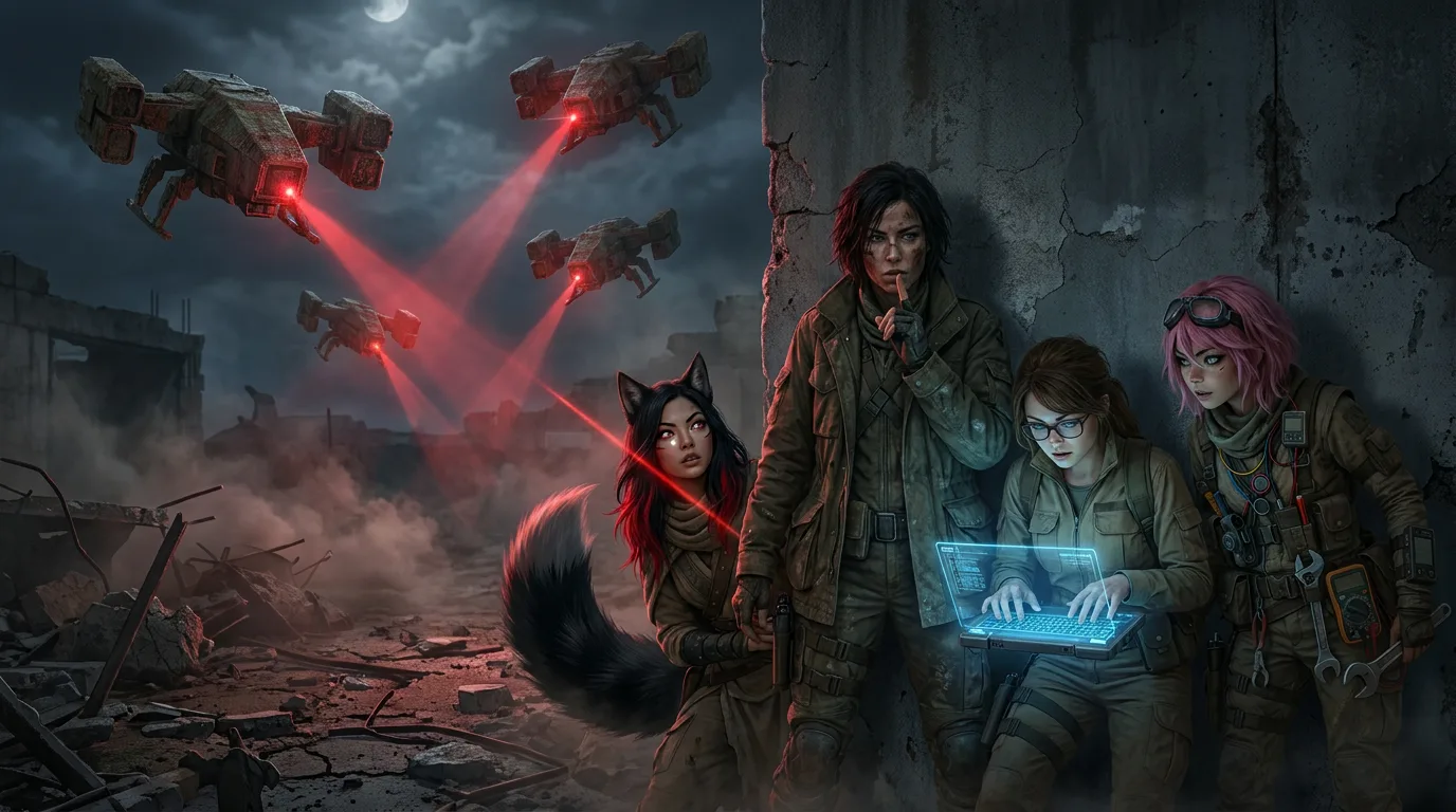 Aika's fingers dance across the CORE7 rig, casting a blue glow on the ruined cityscape. Rika, with her hammer raised, stands beside a battered tank-beetle, its cracked armor a testament to their victory. The desert ruler, a sandworm, has passed, leaving behind feral drones that guard nothing but the echoes of a forgotten world. The crew's eyes scan the horizon, their breath heavy in the radioactive air, as they press on in search of the Polyák family.