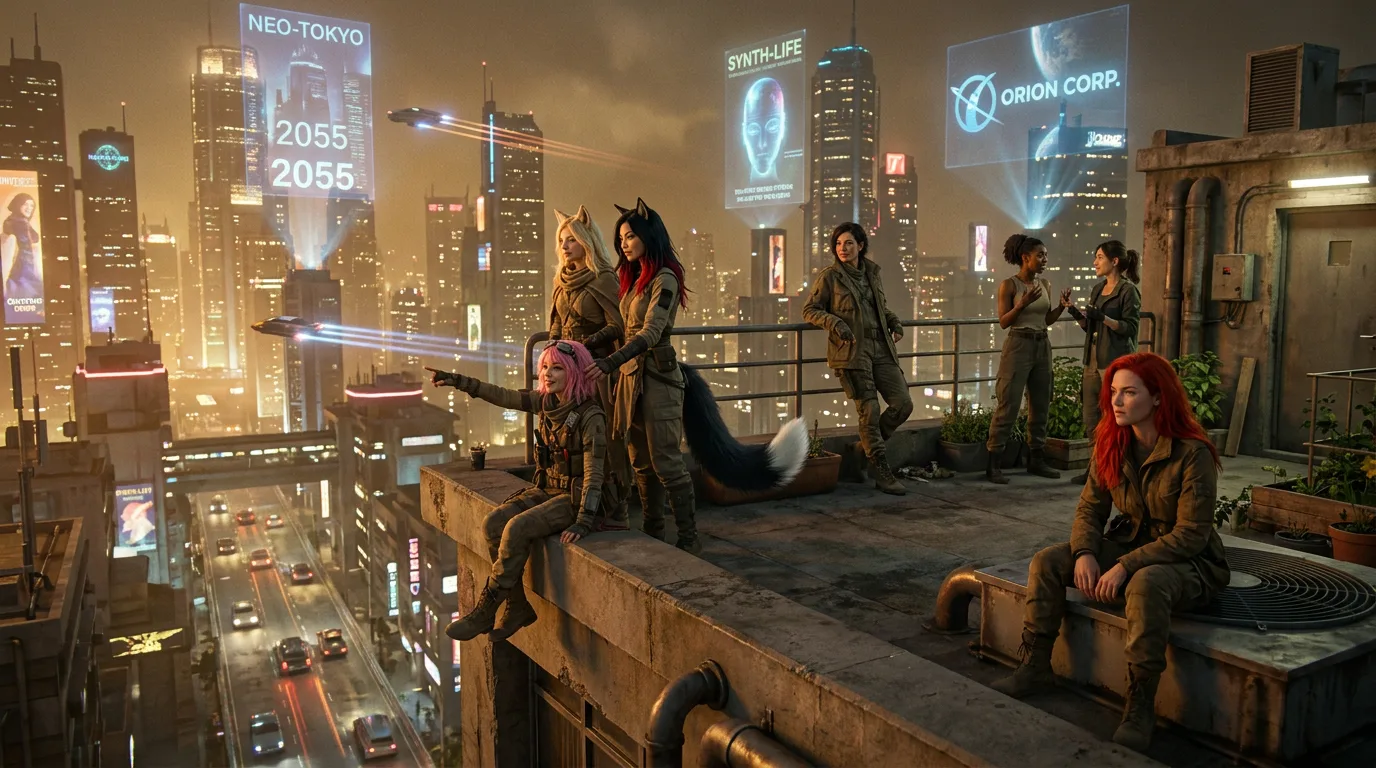 Aika's fingers dance across the broadcast rig, while Akari and Hina gaze out at the cityscape, their eyes tracing the distant hum of the city's energy grid. Komi leans against the railing, her expression a mix of melancholy and determination, as the group stands united, their presence a beacon of hope amidst the desolate, post-apocalyptic landscape. The air is heavy with the scent of metal and smoke.