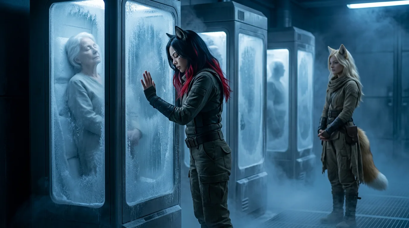Aika and Rika stand in a dimly lit laboratory, their eyes fixed on the cryo pods lining the wall. The air is heavy with the metallic scent of the pods, and the faint hum of the life support systems is the only sound. Aika's hand rests on the glass of the pod, her eyes locked on the figure inside, while Rika's gaze is cast downward, her expression unreadable. The atmosphere is somber, the weight of 300 years of searching palpable.