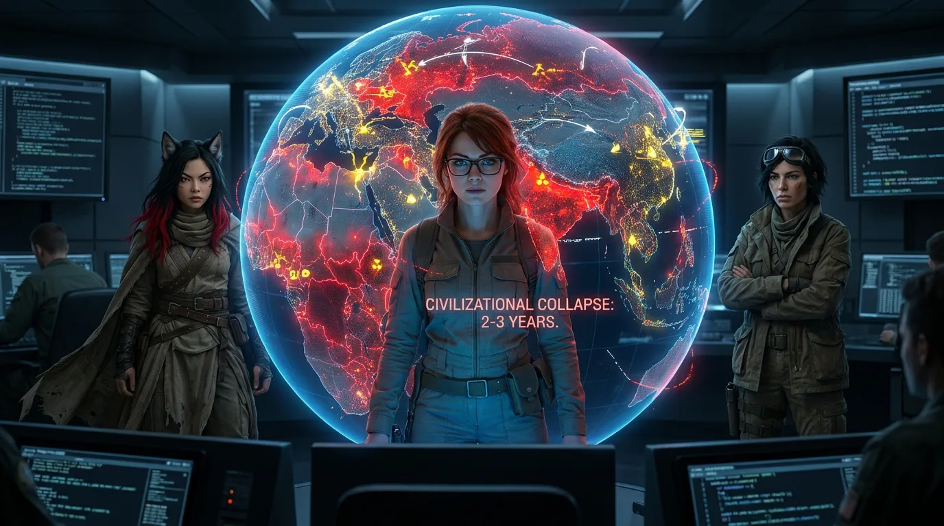 Aika's hands dance across the portable CORE7 broadcast rig, while Hina and Miyu stand at attention, their eyes fixed on the holographic display. The air is thick with the metallic scent of machinery and the faint tang of radiation. The hologram flickers, casting an eerie glow over the trio. "Civilizational collapse: 2-3 years," it reads, a stark reminder of the world they've lost.