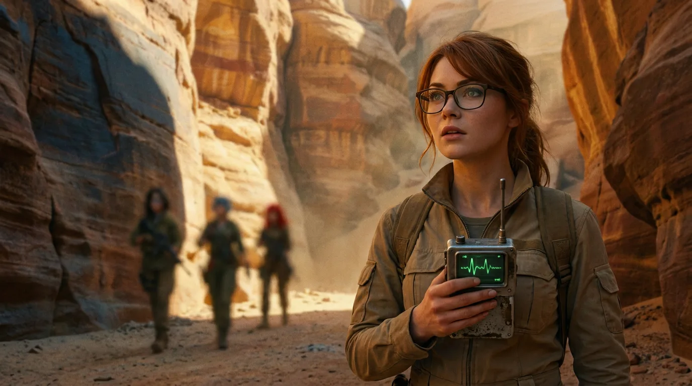 Aika holds the portable CORE7 rig, her red hair tangled in the desert wind. She scans the rocky landscape, her eyes squinting against the sandstorm's grit. The rig's hum is a steady heartbeat, a reminder of the crew's mission to find the Polyák family. Her breath catches in her throat as she searches for any sign of life amidst the desolate wasteland.