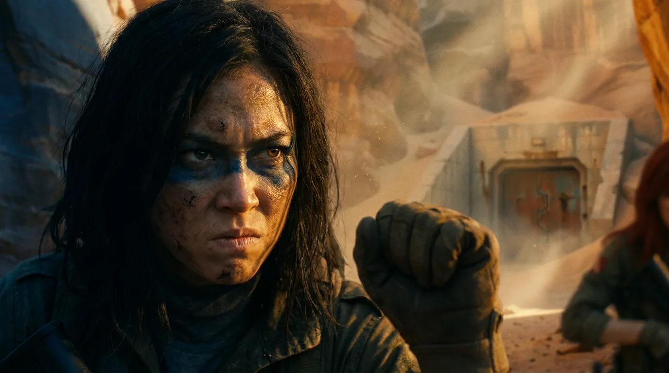 A woman with a weary expression, her long, dark hair matted with sand and dust, clutches a CORE7 broadcast rig to her chest. Her eyes, a piercing yellow, scan the desolate wasteland, the weight of 300 years' worth of searching etched on her face. The air is heavy with the metallic scent of rust and decay, and the only sound is the hum of the rig, a beacon of hope in this barren world.