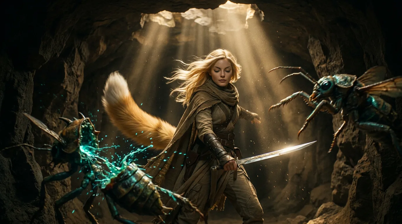 Aika grips her sword, ready to strike. Her blonde hair flows behind her in the desert wind, as she faces two massive, mutated beetles. The air is thick with the metallic scent of radiation and the acrid smell of ozone, mixing with the dry, sandy earth. Hina's voice crackles through the CORE7 rig, "Aika, watch your left!" as the beetle's mandibles snap shut mere inches from her face.