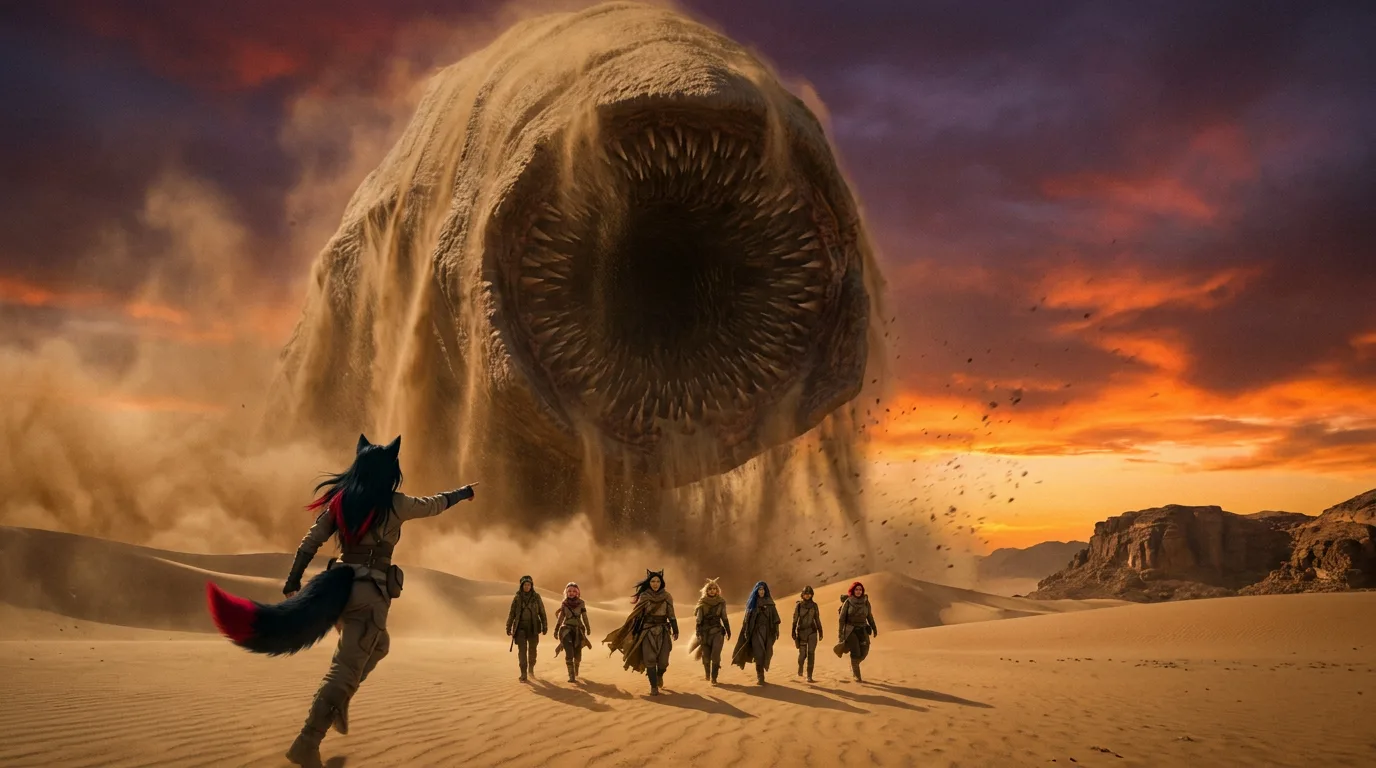 As they trudge through the endless expanse of the radioactive desert, the Vespera crew stumbles upon a colossal, ancient creature emerging from the sand. Akari's eyes widen in awe, while Hina readies her rifle, and Aika's broadcast rig hums in the background. The air is thick with the metallic scent of the creature's body, and the only sound is the soft crunch of sand beneath their feet.