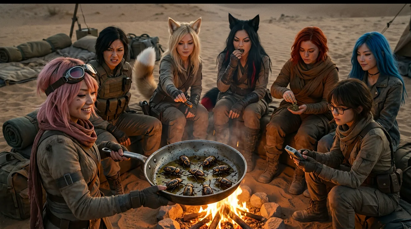 Aika's radio crackles, but the crew doesn't flinch. She's cooking up a storm in her makeshift kitchen, a pan sizzling with beetle delicacies. Yui, the chef, is regaling them with a joke, her laughter echoing across the desert expanse. The others chuckle, their faces aglow in the firelight, as they share a moment of levity in this harsh, unforgiving world.