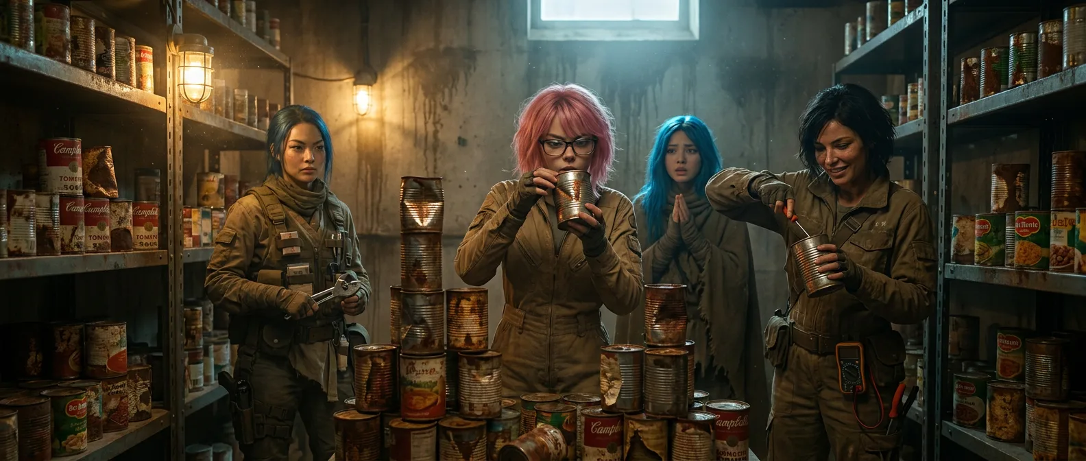 The crew gathers in Yui's kitchen, their eyes fixed on the tiny can of food that has rolled out of its stack. Aika's face is round with amusement, while Komi's expression remains dry. Yui, with her pink hair, carefully retrieves the can, a moment of humor amidst the desolate world outside. The air is thick with the smell of metal and the weight of their journey.