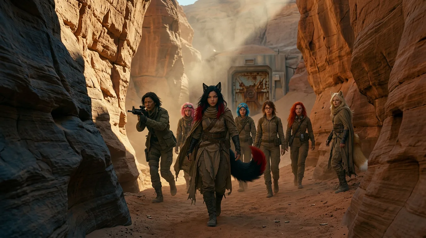 The crew navigates a narrow canyon, the air thick with the metallic tang of aged metal and the acrid scent of sand. Aika's CORE7 rig hums softly, a beacon in the vast, barren expanse. With practiced ease, they disarm the ancient patrol drone, its rusted body a relic of a bygone era. The canyon's walls loom, a stark reminder of the unforgiving world they inhabit.