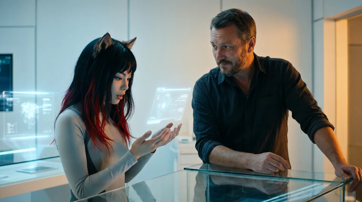 Aika leans against a glass counter, her eyes locked on a holographic display as she converses with Akari. The soft glow of the display illuminates their faces, casting a warm light on their weathered features. The air is thick with the scent of metal and the faint tang of radiation, a reminder of the desolate world they inhabit. Aika's voice is low and measured, her words dripping with a quiet intensity that belies the hope that still flickers in her eyes.
