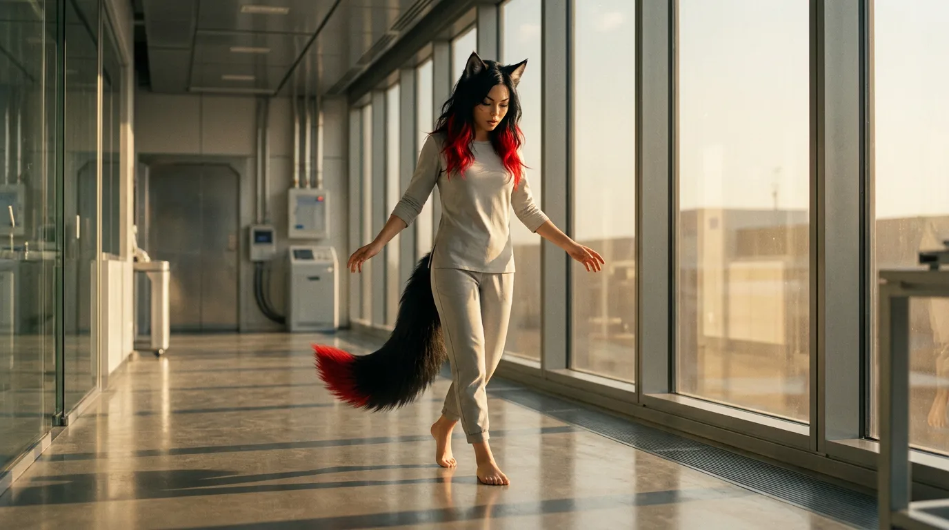 Aika's bare feet sink into the cool concrete as she walks through the dimly lit corridor, her breath visible in the chill air. The smell of metal and dust hangs heavy, a reminder of the long journey they've been on. Her eyes, a deep brown, seem to hold a world of stories, and her black hair with red tips flows behind her like a river of night. She's a ghost of the past, a hybrid being forged in the fires of a nuclear war, yet her spirit remains unbroken.