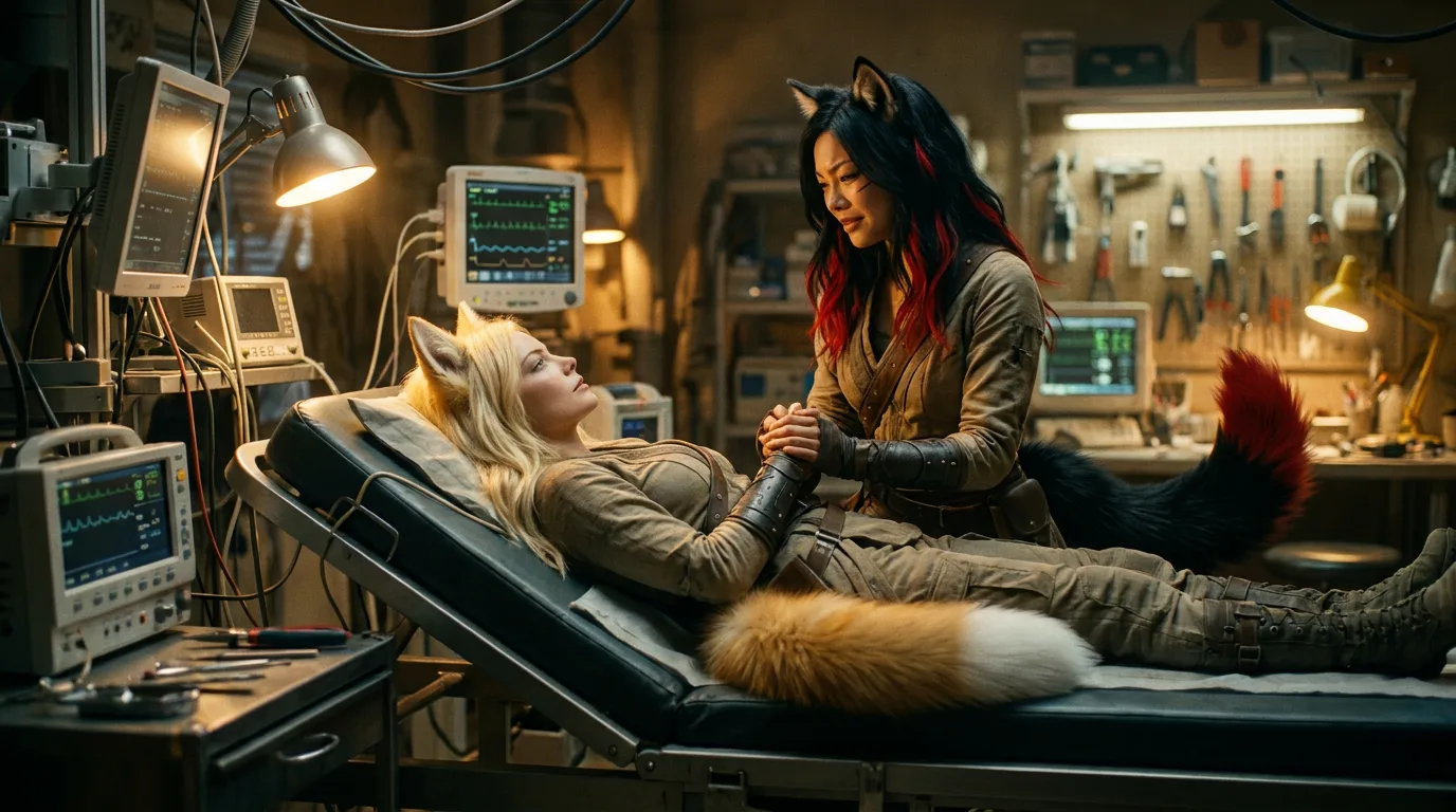 Aika kneels beside Akari, who lies on a medical bed in the Vespera crew's makeshift clinic. Akari's eyes are closed, her blonde hair illuminated by the dim overhead light. Aika's hands are clasped together, her gaze fixed on Akari's face. The air is thick with the smell of metal and ozone, a reminder of the harsh environment they've endured for 300 years.