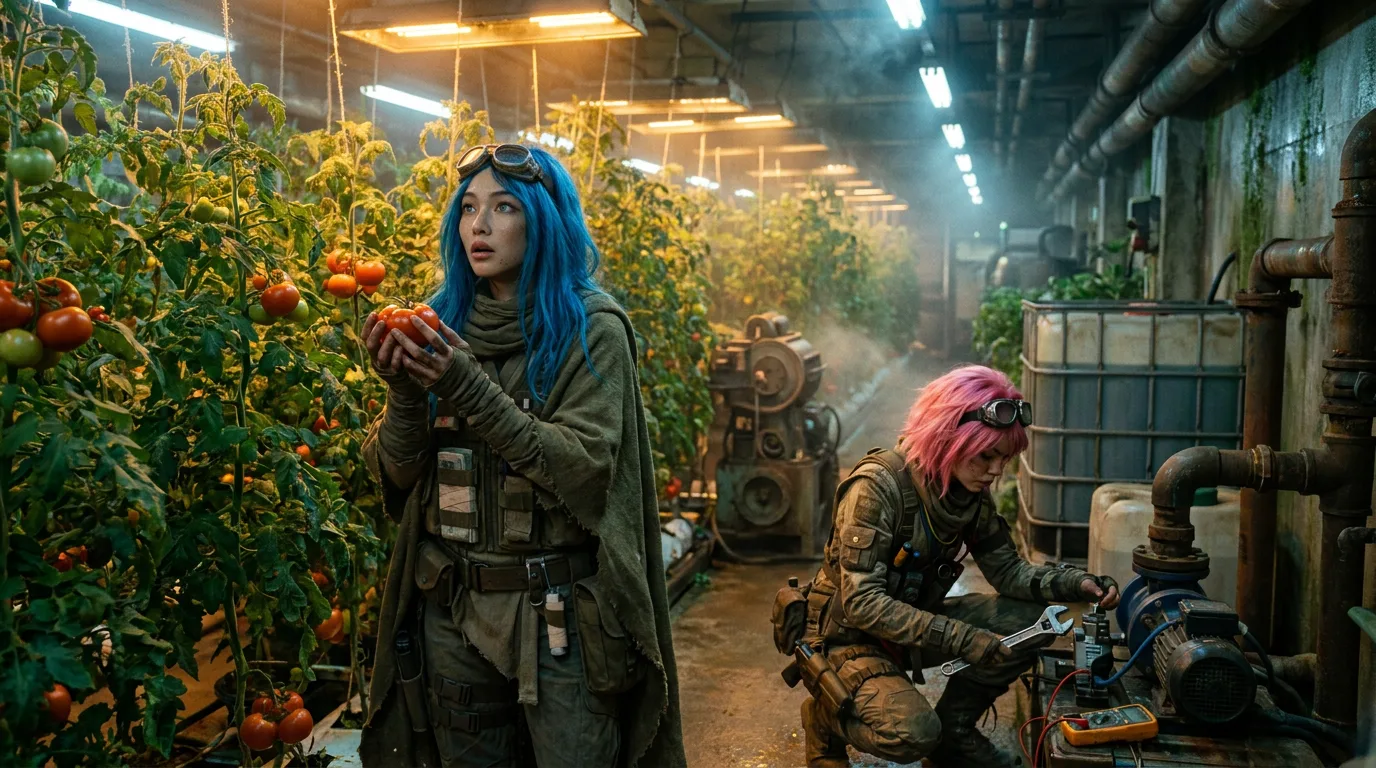 Aika crouches by the CORE7 rig, her gaze drifting towards the greenhouse's lush rows of tomatoes. Akari stands beside her, holding a ripe fruit, her bright blue hair a striking contrast to the verdant surroundings. The air is heavy with the scent of damp earth and metal, a familiar comfort in this desolate world.