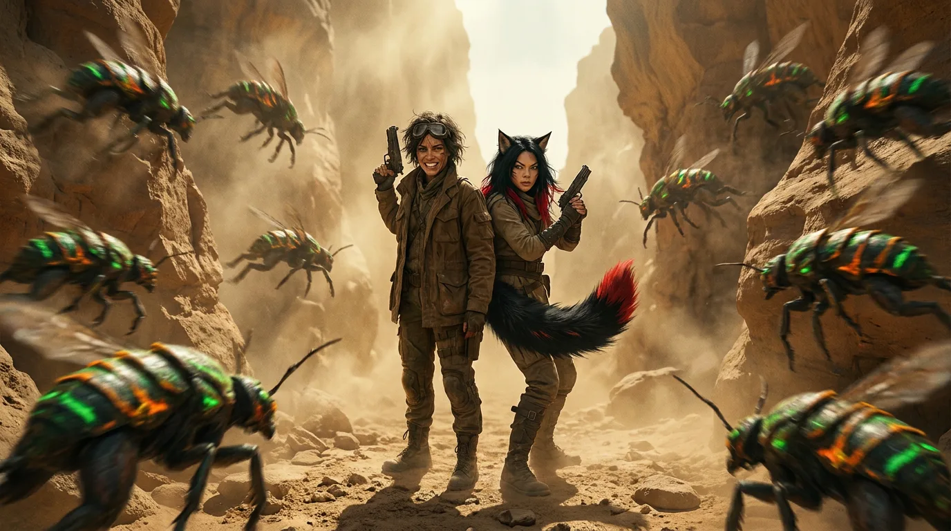 Aika and Akari stand back-to-back, CORE7 rigs at the ready, amidst a swarm of iridescent beetles. The air is thick with the acrid scent of sand and metal. Aika's eyes narrow, her gaze fixed on the horizon, while Akari's eyes flicker between the beetles and the endless dunes. The desert's silence is broken only by the hum of their rigs and the distant thrum of the beetles' wings.