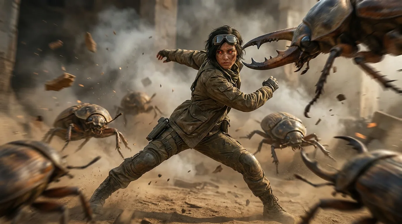 Aika's instincts scream at her as she leaps, CORE7 rig in hand, amidst a swarm of giant, metallic beetles that emerge from the sandstorm. Akari's eyes flash with a deadly precision, her reflexes a blur as she slices through the air, while Rika's gaze pierces the chaos, her senses on high alert. Yui's touch on the rig hums with an urgent energy, guiding Aika through the fray.