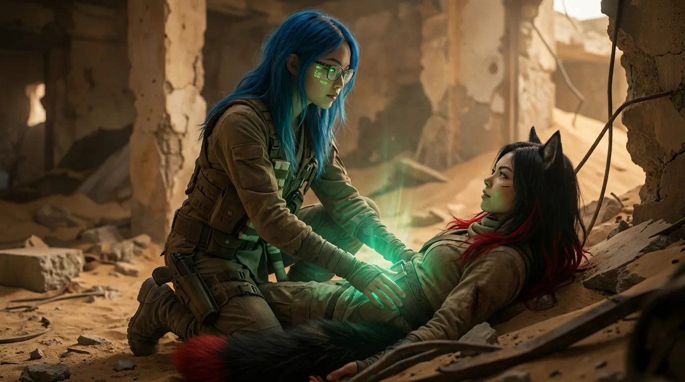 Hina crouches beside a woman's body, her bio-sensor glowing with a faint green light as she reads the milligram traces of water, life, and poison. Komi's turbo-mode analysis hums in the background, parsing the 300-year-old can sample in seconds. Miyu's playback drops into the woman's final moments, a haunting reminder of the past. The desert landscape stretches out, a desolate reminder of the world they've lost.
