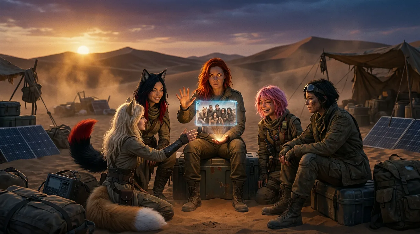 The sun dips below the horizon, casting a warm orange glow over the desert wasteland. Hina's bio-sensor picks up faint signals - water, life, and poison - as Komi turbo-mode analyzes a 300-year-old can sample with lightning speed. Miyu's playback drops into the final moments of others, the crew's faces reflecting a mix of sadness and determination. Aika's voice crackles through the CORE7 broadcast rig, her words lost in the vast expanse. The crew's eyes are fixed on the playback, their faces etched with a deep longing for a world long gone.