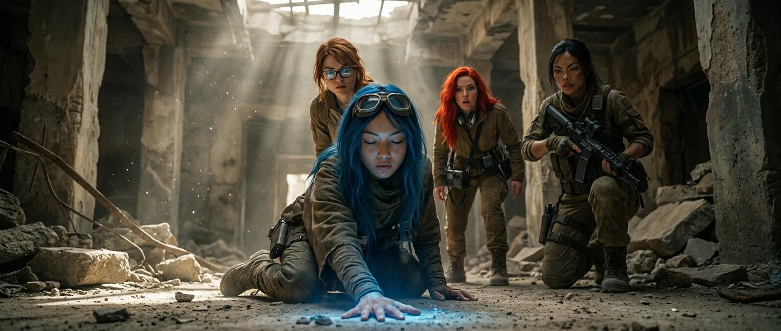The sun beats down on the dusty, barren landscape, casting a harsh glow over the ruins of what was once a thriving city. Hina leads the way, her eyes fixed on the horizon as Komi measures the distance to their destination, while Miyu's gaze drifts back to the past. The air is thick with the acrid smell of radiation and the metallic tang of decay, but the crew presses on, driven by a glimmer of hope in the desolate wasteland.