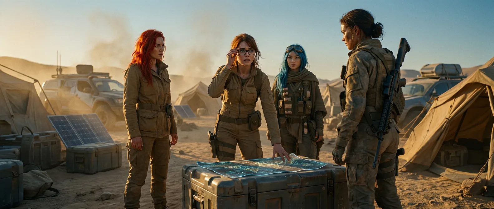 Hina, Komi, and Miyu stand in the dusty, irradiated wasteland, their tactical gear a testament to their resilience. Komi, with her sharp eyes, examines the map spread on the crate, while Miyu's gaze drifts off into the distance, her mind lost in memories of the world before the war. Hina, ever the leader, watches over them, her expression a mix of determination and melancholy.