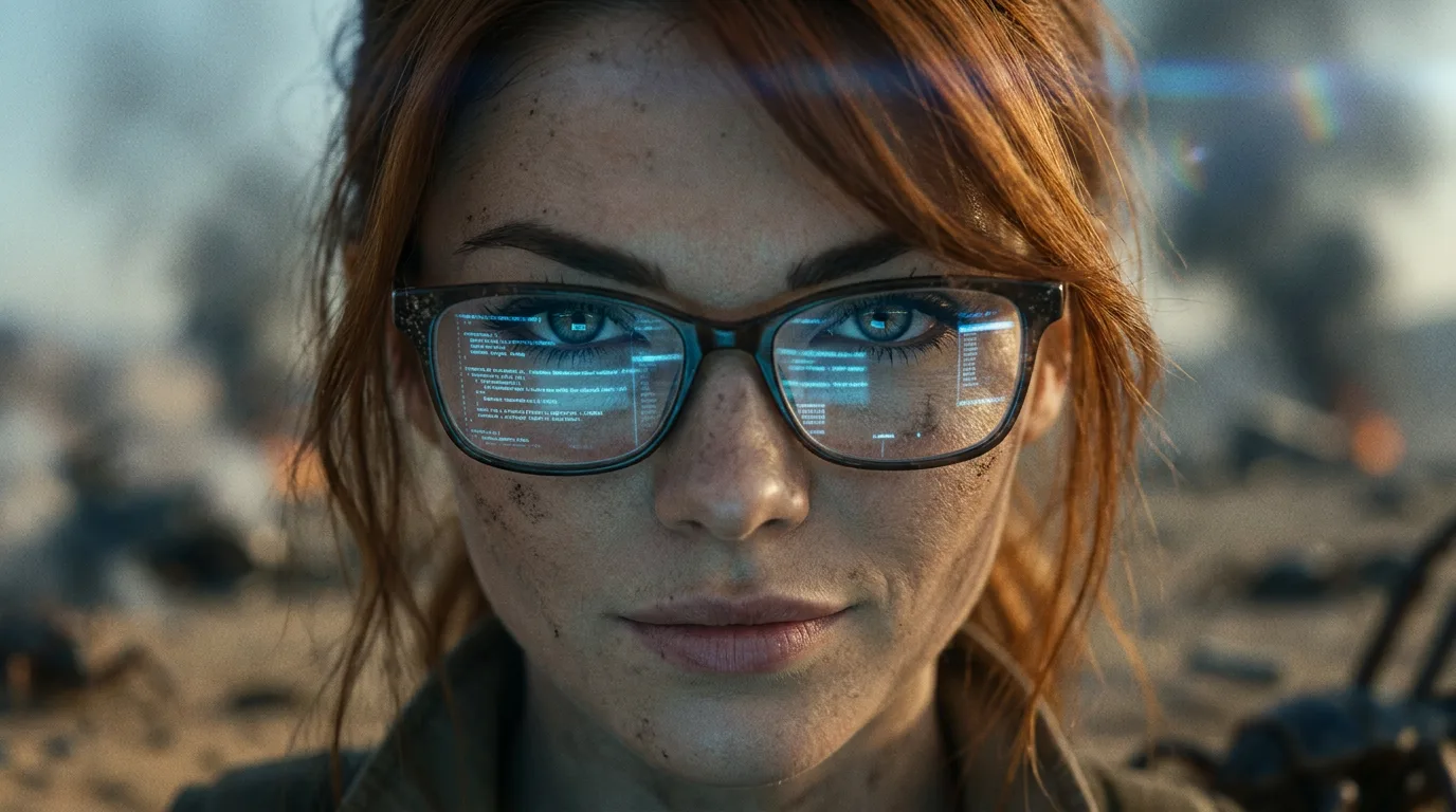 Aika's eyes, a kaleidoscope of blue, seem to hold a world of pain and longing as she gazes into the dusty, barren landscape. The CORE7 rig's hum is a constant reminder of their quest, a search for the Polyák family that has spanned decades. Her face, a map of lines and scars, tells a story of resilience in the face of adversity.