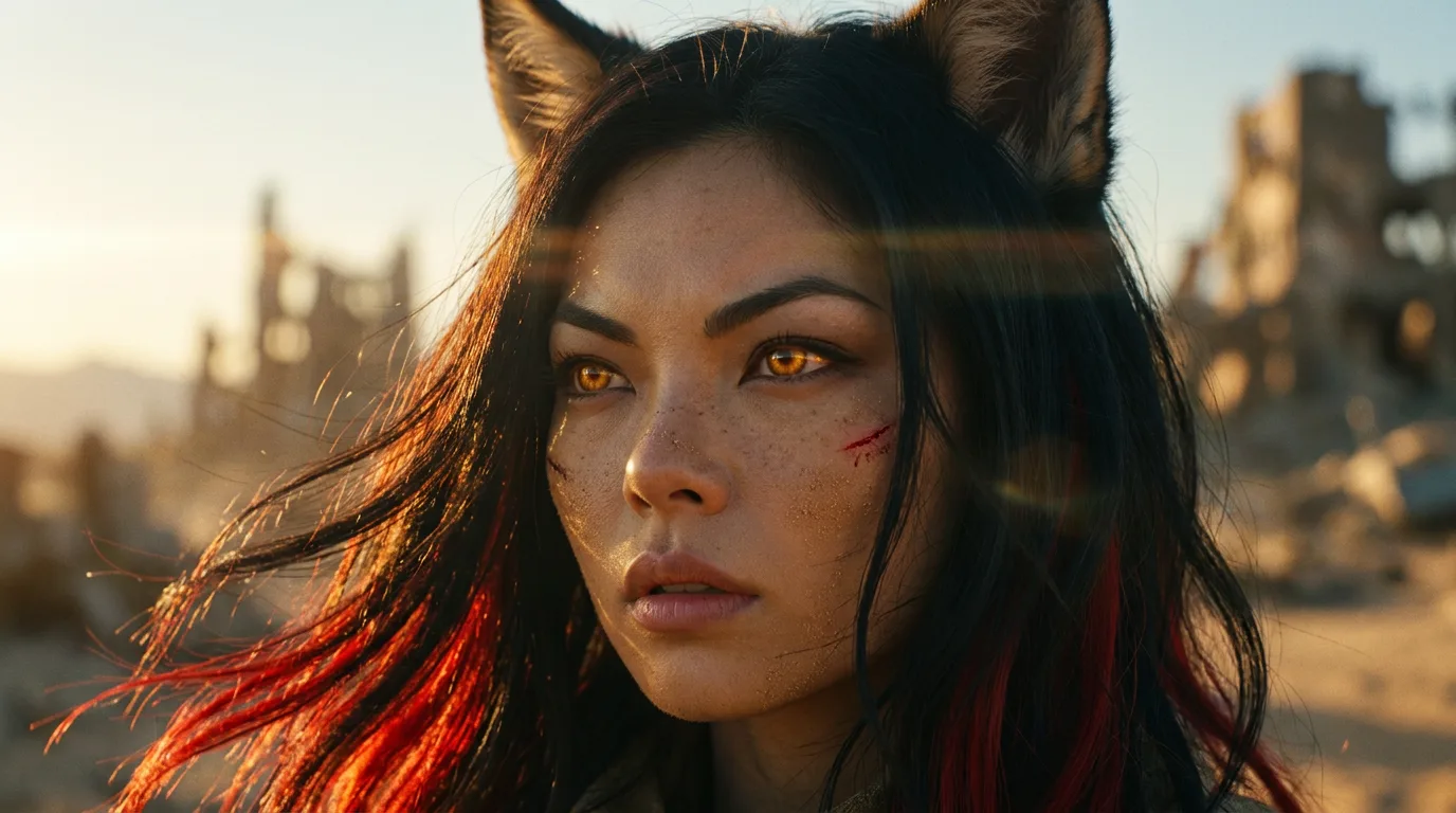 Aika's breath mingles with the metallic tang of the CORE7 rig, its hum a constant heartbeat. The desert sun casts a golden glow on the ruins behind her, yet her gaze remains fixed on some distant point, lost in thought. The wind stirs her dark hair, adorned with wolf-like ears that seem a testament to her resilience in this unforgiving world. She stands as a beacon of hope amidst the desolation, her eyes a window to the vast expanse of her journey.