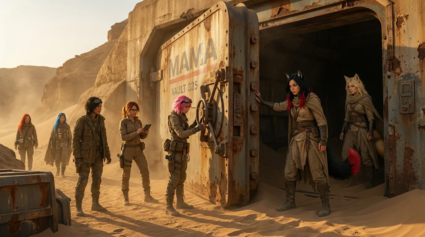 The sun beats down on the dusty, barren landscape as Aika and Akari lead the way, their CORE7 rig at the ready. Hina lingers behind, her eyes fixed on the rusted metal door of the MAMA bunker, her breath visible in the thin air. The others wait, their tactical gear a testament to their years of searching for the Polyák family, their creator.