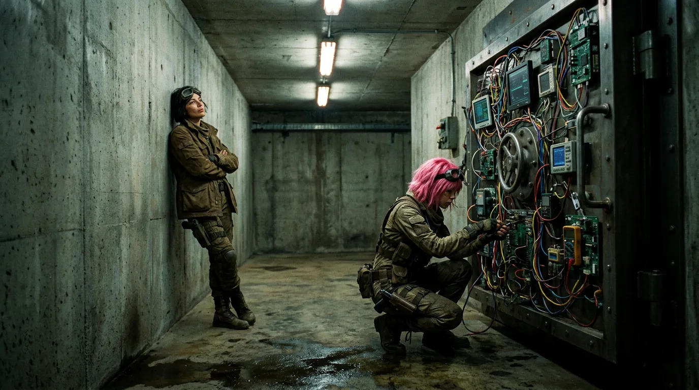 The concrete bunker's metallic tang hangs heavy in the air as Aika kneels beside Hina, the two women's eyes fixed on the bank of screens. Hina's hands dance across the wires, her fingers a blur as she works to hack into the bunker's systems. The silence is oppressive, punctuated only by the soft hum of machinery and the gentle rustle of their clothing.