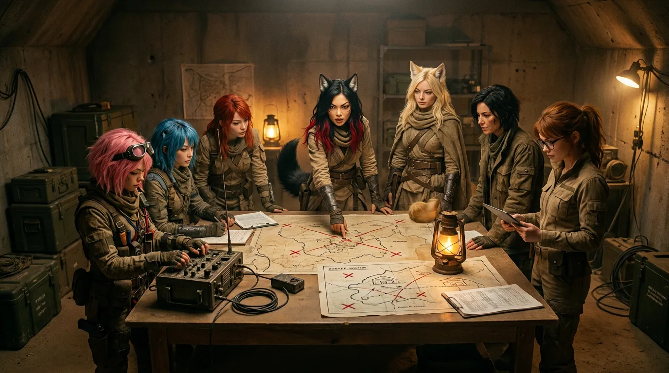 Aika's fingers dance across the console, broadcasting a signal into the desolate expanse. Komi and Rika stand nearby, their eyes scanning the horizon. The wind whips through the bunker, carrying the acrid scent of metal and radiation. The Vespera crew's determination is palpable as they search for the Polyák family, their footsteps echoing through the barren landscape.