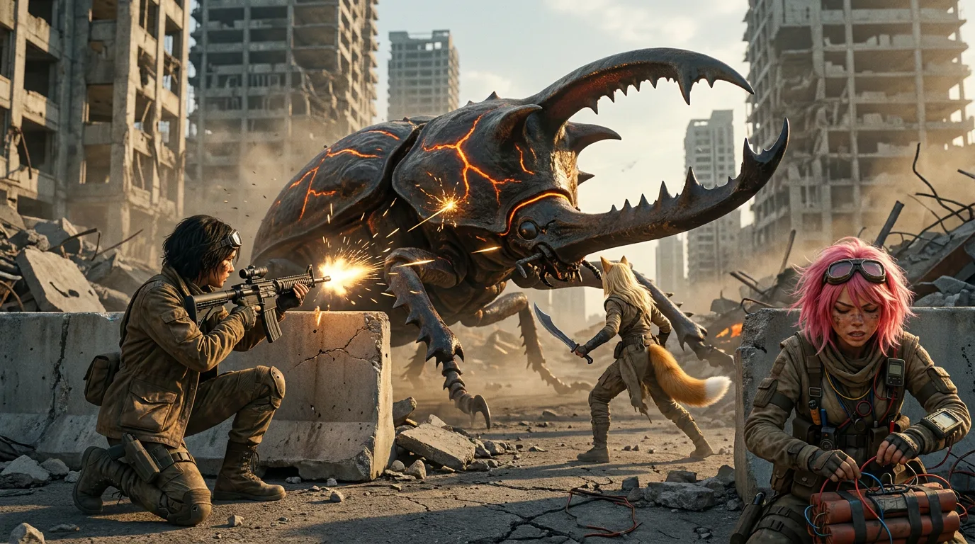 The sun dips below the horizon, casting long shadows in the desolate cityscape. Aika kneels beside a cooled metal assembly, her eyes fixed on the horizon. Rika stands guard, her hand resting on the hilt of her sword, while Hina sits nearby, her gaze lost in thought. The air is heavy with the scent of radiation and decay, yet amidst the bleakness, a glimmer of hope lingers.