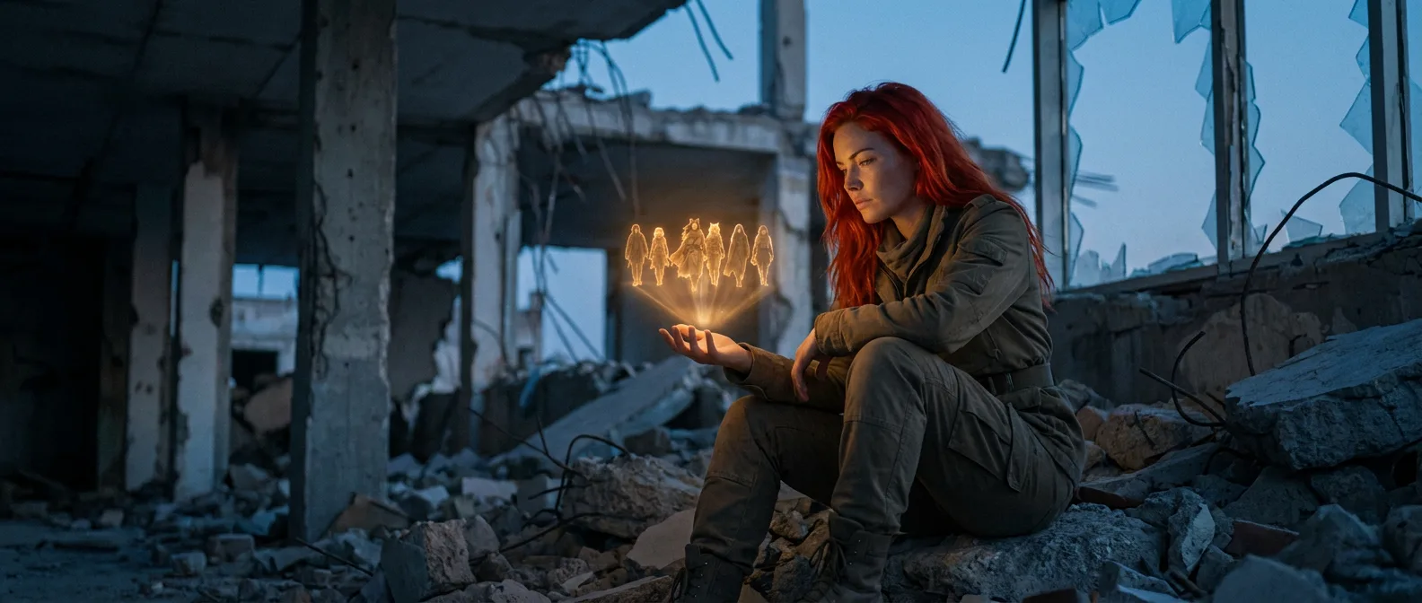 Aika sits on a pile of rubble, her long red hair a striking contrast to the desolate surroundings. She wears a green jumpsuit, its weathered fabric a testament to the countless days spent exploring the post-apocalyptic wasteland. Her eyes, red-rimmed from exhaustion, gaze out at the horizon, where a lone figure stands, silhouetted against the fading light of day. The air is heavy with the acrid scent of radiation, and the only sound is the distant hum of the CORE7 broadcast rig, a reminder of their mission to find the Polyák family.