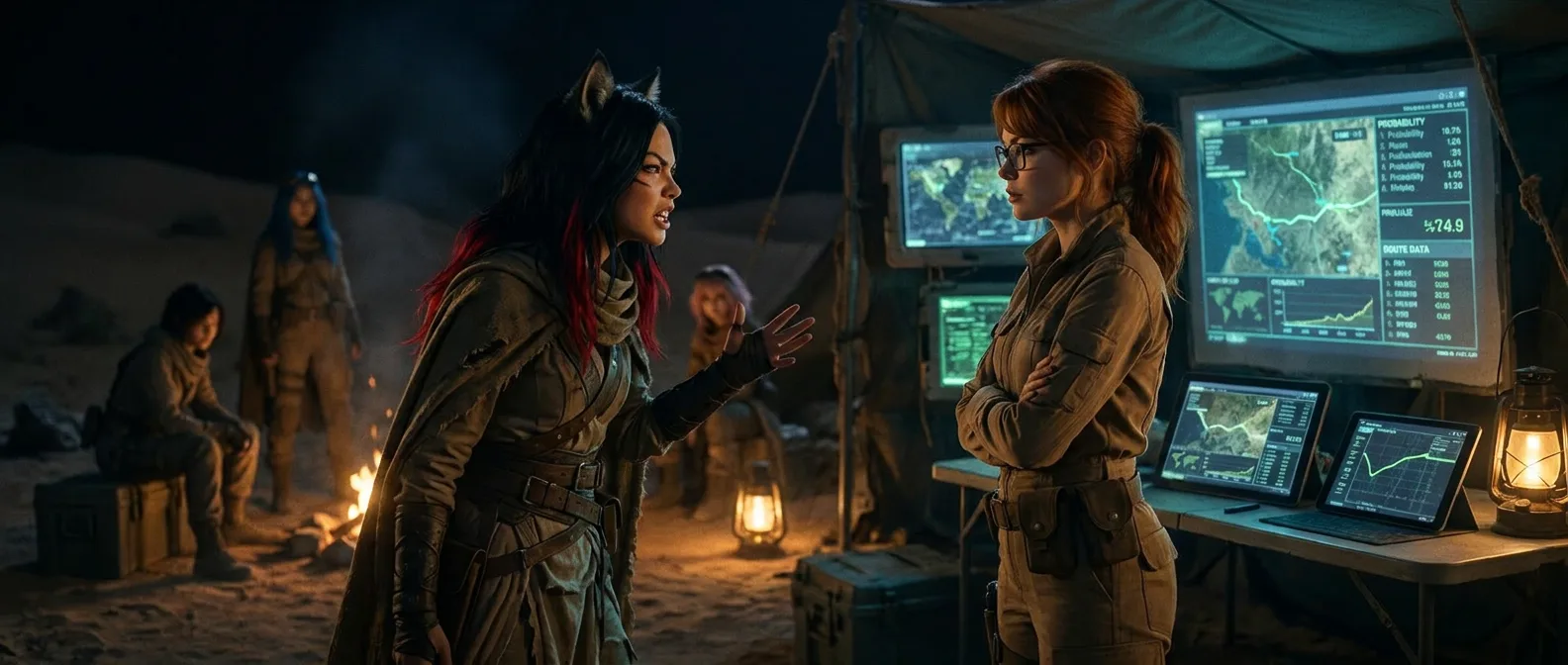 The flickering light of the lantern casts long shadows on the sand as Aika and Akari stand before the CORE7 broadcast rig, their faces illuminated by the soft glow. Akari's eyes are fixed on the horizon, where a lone figure stands, lost in thought. The desert air is heavy with the scent of metal and the distant hum of the rig, a reminder of the vast expanse they've traversed in search of the Polyák family.