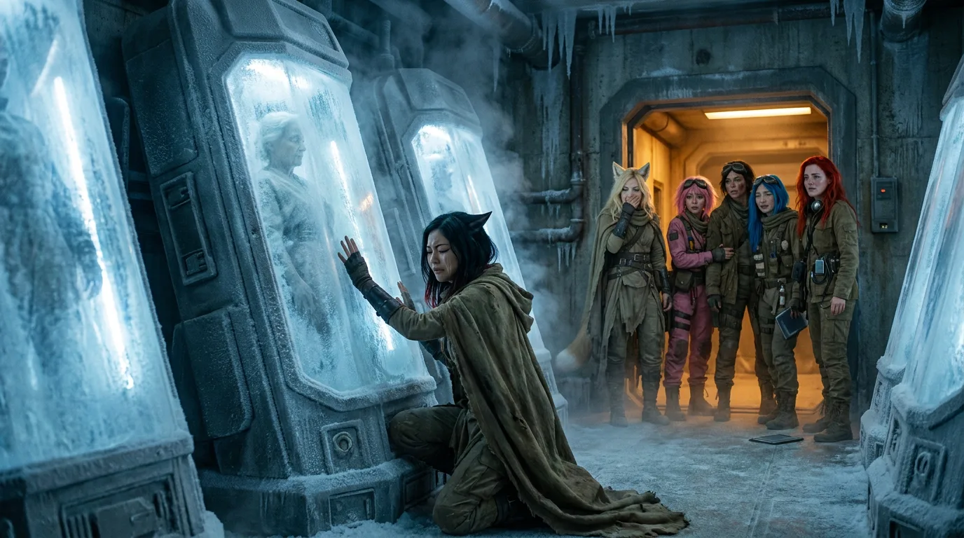 Aika kneels in the dusty, metallic air, her dark hair a stark contrast to the eerie glow of the cryopods. The weight of 300 years' silence lifts as she reaches out to touch the glass, her fingers hesitating at the threshold of a new beginning. The Vespera crew stands behind her, a mix of anticipation and trepidation etched on their faces. The moment hangs suspended, a crossroads of hope and uncertainty.