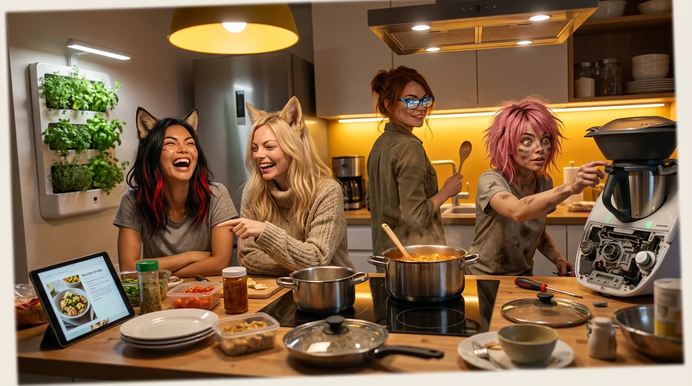 Aika's eyes drift, lost in the images on the CORE7 rig. "In a modern kitchen, three women are preparing..." The women, their faces blurred by the passage of time, move with practiced ease, their hands a blur as they chop, stir, and season. Aika's breath catches, her mind racing with memories of a world long gone.