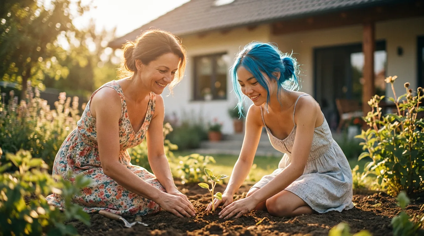 Aika's eyes are locked on the image of two women planting in a realistic style, their faces blurred by the passage of time. The photograph, a relic from the Polyák family's past, is a poignant reminder of the lives they once knew. Aika's breath catches in her throat as she gazes at the tender moment, the only connection to the family they've been searching for.