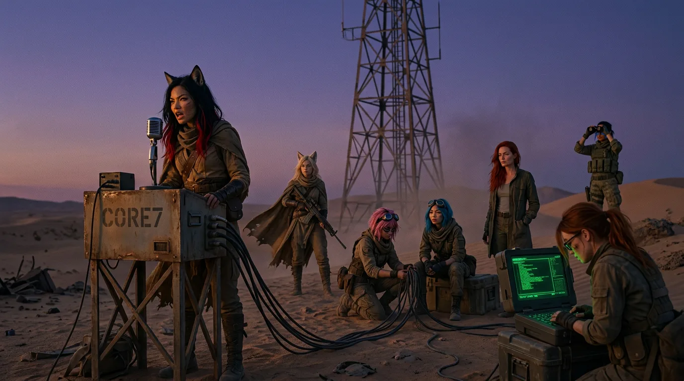 As dusk falls on the desert, Aika's voice crackles through the CORE7 broadcast rig's static, her breath heavy in the stillness. The crew gathers around her, their eyes fixed on the console as she reads out a message from the distant past, their faces etched with a mix of longing and hope. The air is thick with the scent of metal and sand, a reminder of the world they've lost.