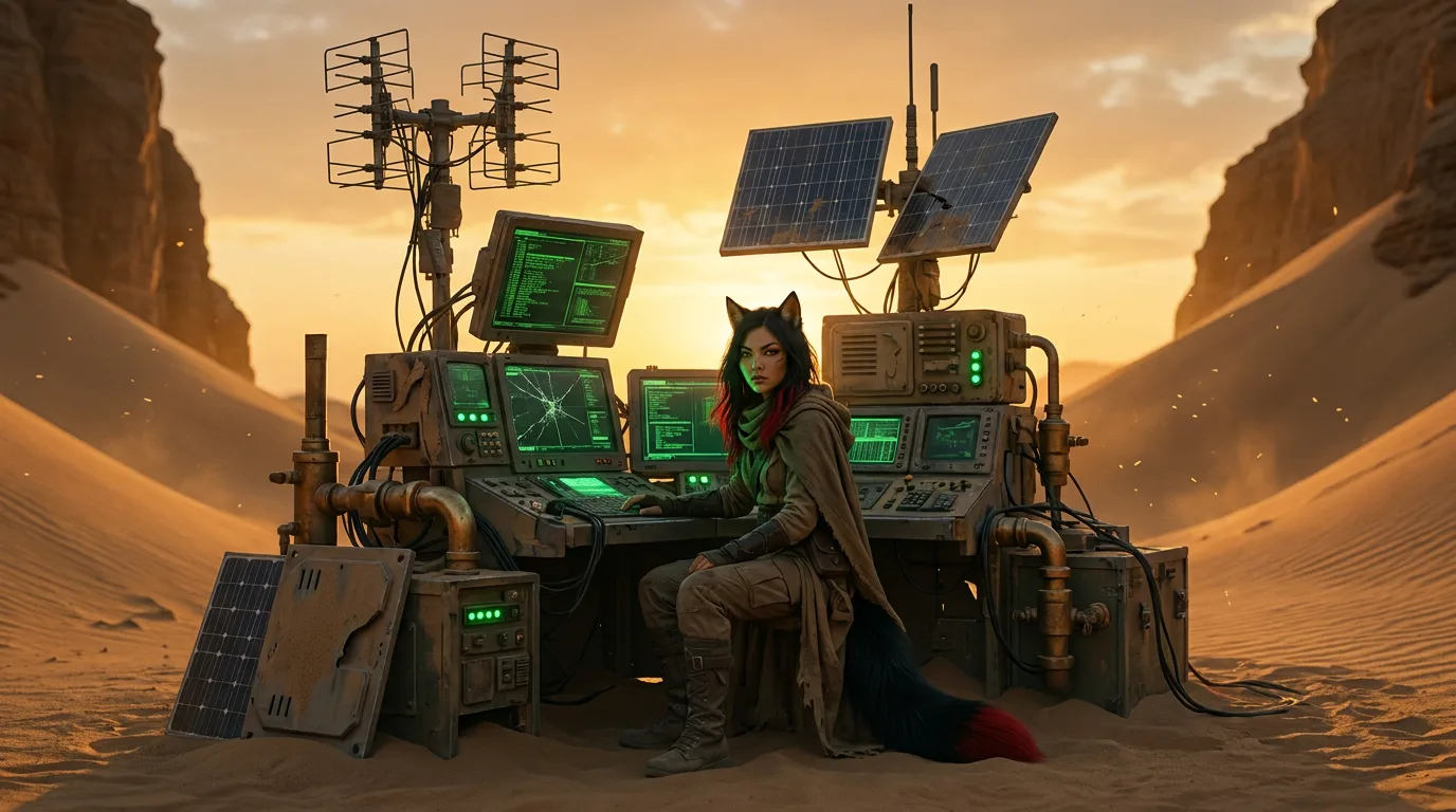 A woman with dark hair and fox-like ears sits at the console of the CORE7 broadcast rig, her eyes scanning the rows of screens as the sun dips below the horizon. The metal panels of the rig are sand-blasted, the hum of the equipment a constant presence in the desert silence. Aika's breath is steady, her focus on the task at hand, as she searches for any sign of the Polyák family.