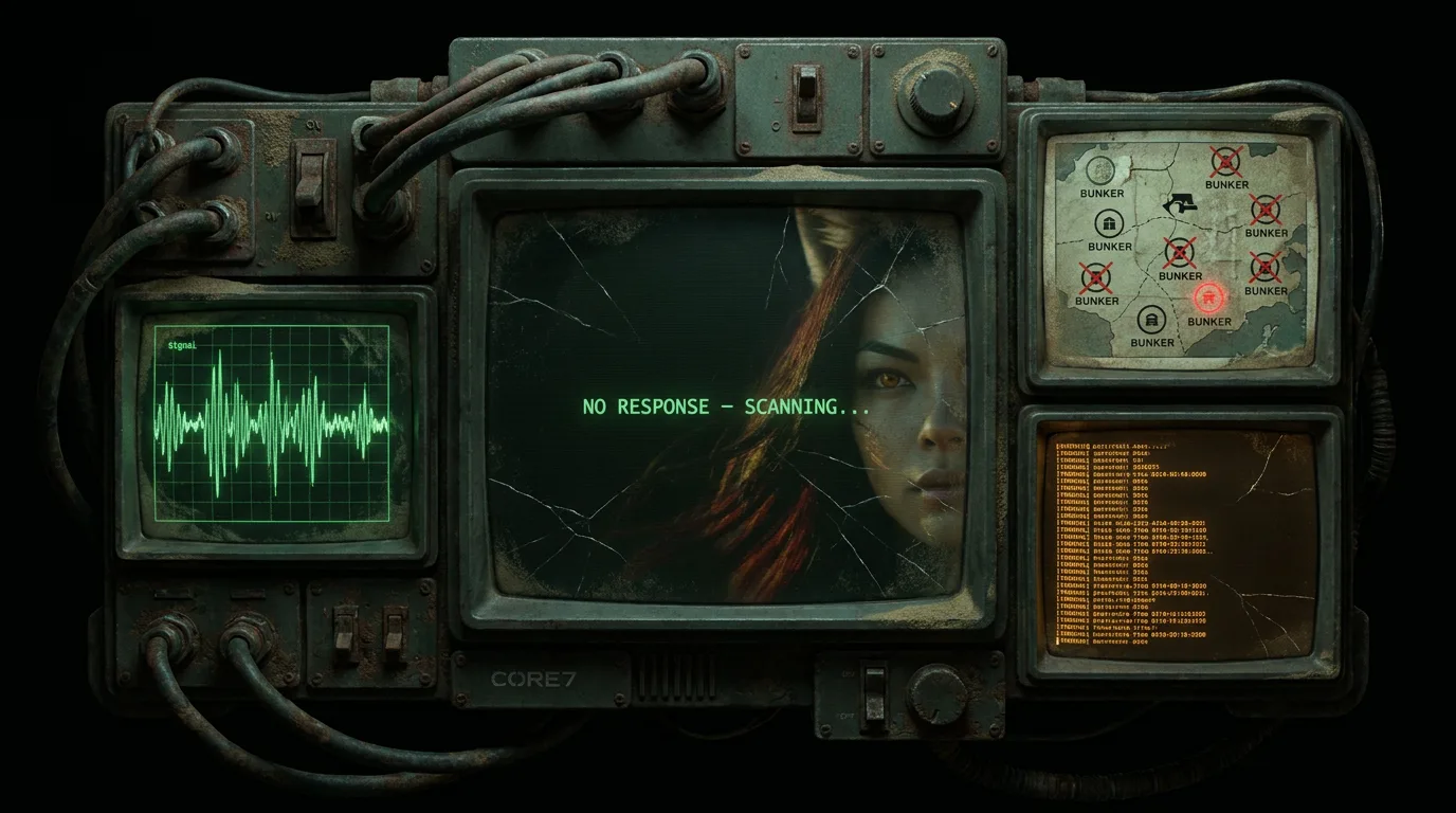 Aika's fingers dance across the worn console, the CORE7 rig's humming heartbeat a familiar comfort amidst the desolate wasteland. The antenna stretches towards the horizon, a beacon for any signal, any sign of life. The sand-blasted metal panels bear the scars of countless searches, yet Aika's eyes remain fixed on the terminal, her breath steady as she scans the static, hopeful for the faintest whisper of the Polyák family's presence.