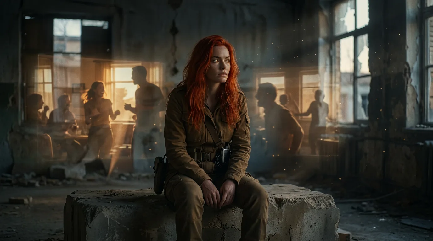 A woman with bright red hair sits in a dimly lit room, her eyes fixed on a photograph clutched in her hands. The air is thick with the scent of aged metal, and the only sound is the soft hum of the CORE7 broadcast rig beside her. Aika's breath is steady, her mind focused on the words she will speak when the Polyák family awakens from their 300-year slumber.
