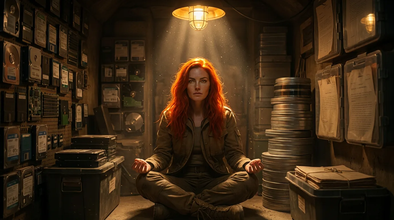 Aika sits in a lotus position, her long wavy red hair a striking contrast to the desolate surroundings. She holds the Polyák family photograph, her eyes fixed on the image as she rehearses the words she will say when they wake. The metal walls of the bunker seem to hum with anticipation, the air thick with the weight of centuries.