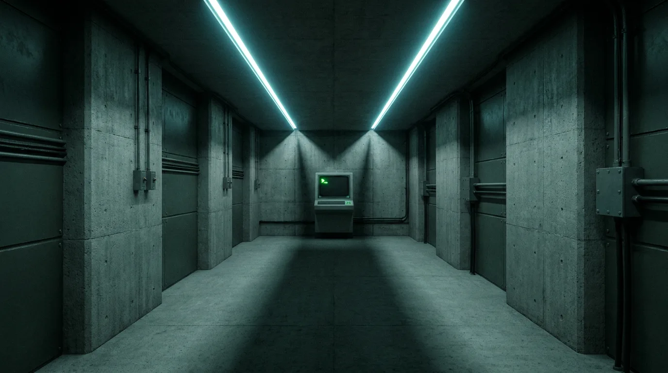 A stark dimly lit concrete corridor leads to a bunker chamber, the air heavy with the scent of metal and dust. A hologram of a computer monitor floats in the center of the room, its screen glowing with a soft blue light. The Vespera crew's footsteps echo through the chamber, their breathing the only sound breaking the stillness. Aika's voice is barely audible over the hum of the CORE7 broadcast rig.