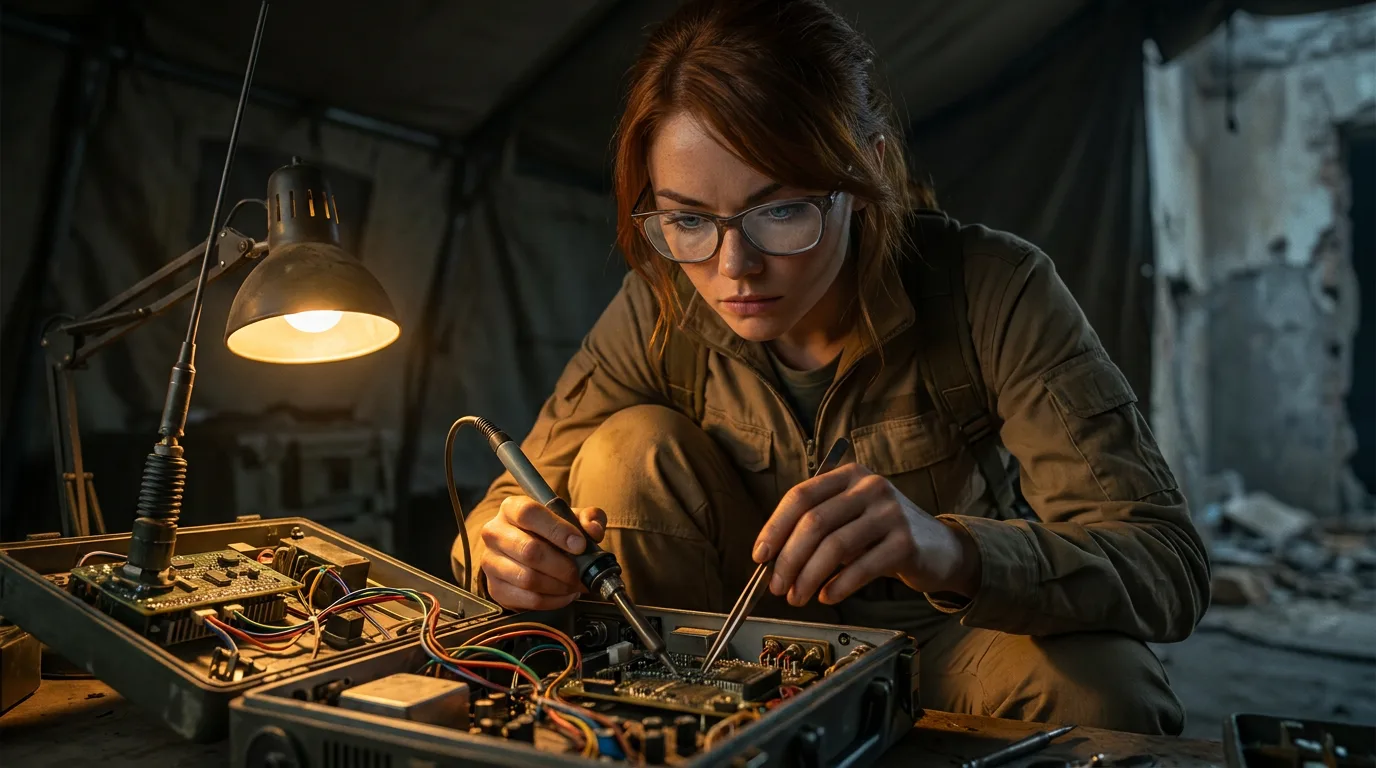 Aika kneels on the dusty, metal-smelling floor, her auburn hair a stark contrast to the barren, radioactive wasteland outside. Her gloved hands move deftly, tracing the intricate patterns etched into the Sonora-Deep canister, its sterile surface a testament to the 300-year-old technology. The MAMA-net receiver hums softly, its wires and circuitry a testament to her ingenuity.