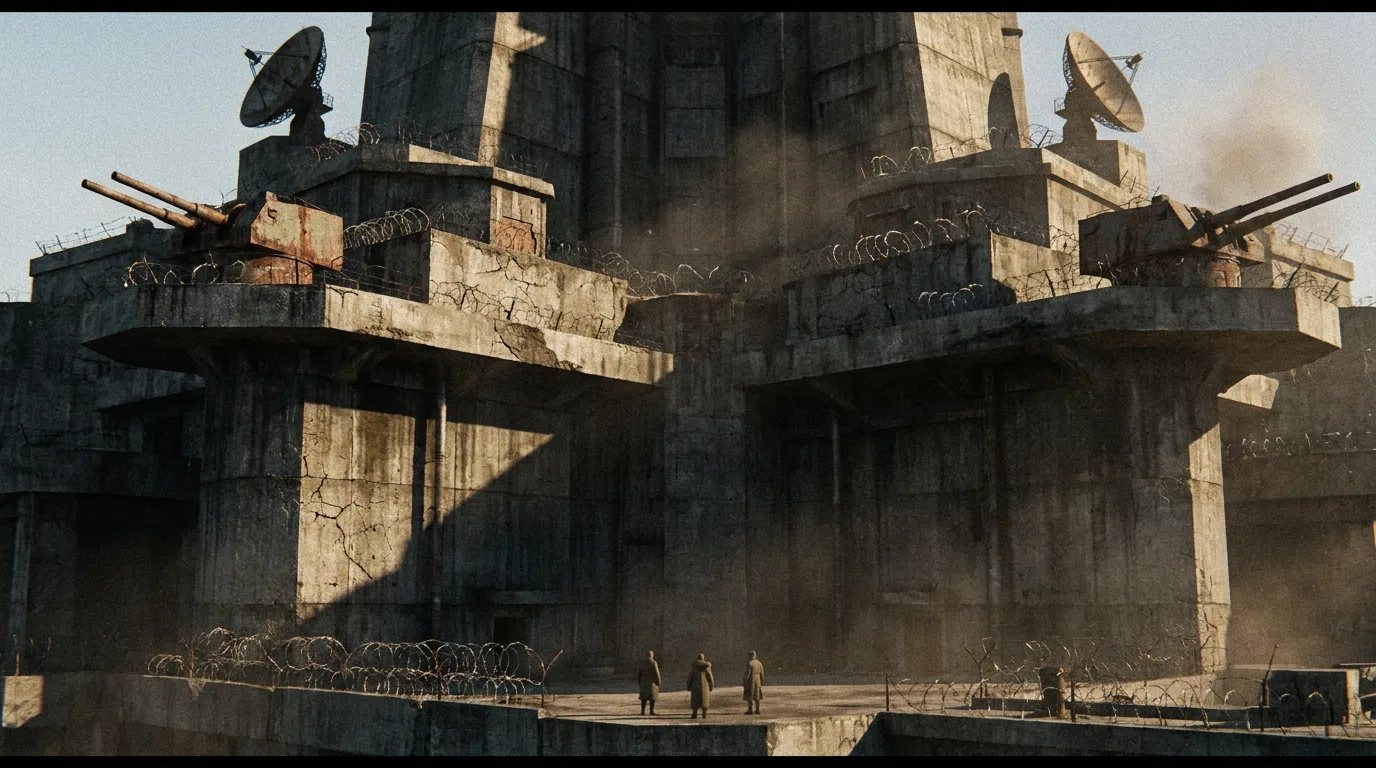 The crumbling concrete structure looms before us, its brutalist architecture a testament to the harsh realities of our post-apocalyptic world. The air is heavy with the acrid scent of rust and decay, and the only sound is the soft hum of our CORE7 broadcast rig. Aika's eyes scan the desolate landscape, her gaze lingering on the faint outlines of distant structures. We stand here, a small, determined crew, driven by the hope of finding the Polyák family and reclaiming a piece of our lost humanity.