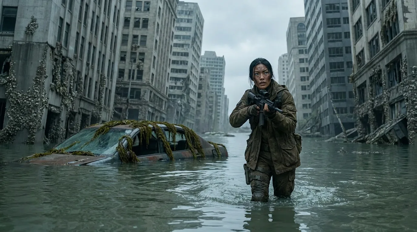 Aika's boots sink into the water, her breath a misty veil in the cold air. The woman beside her is a stranger, her practical gear a testament to the unforgiving environment. The city, once a metropolis, now lies submerged, its metal-smell a reminder of the devastation that has ravaged the planet. The whisper flats, a distant hum, echo through the stillness, a haunting melody in the desolate landscape.