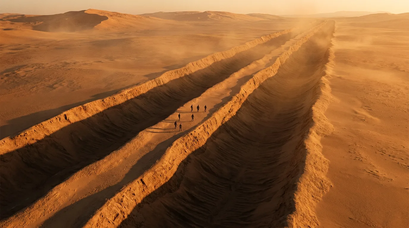 The sun's warm glow casts a golden light on the dusty, barren landscape as the Vespera crew treks across the vast expanse of the desert. Their footsteps echo through the stillness, a reminder of their relentless search for the Polyák family. The air is heavy with the metallic tang of radiation, a constant presence in this unforgiving world. Aika's broadcast rig hums softly in the distance, a beacon of hope in the desolate vastness.