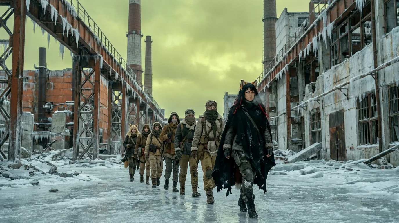 The Vespera crew, battered and weary, trudges through the frozen wasteland, their footsteps echoing off the rusted metal behemoth that looms before them. Aika's CORE7 rig hums softly, casting an otherworldly glow on the desolate landscape. The air is heavy with the smell of decay and radiation, but they press on, driven by the hope of finding the Polyák family in this unforgiving world.
