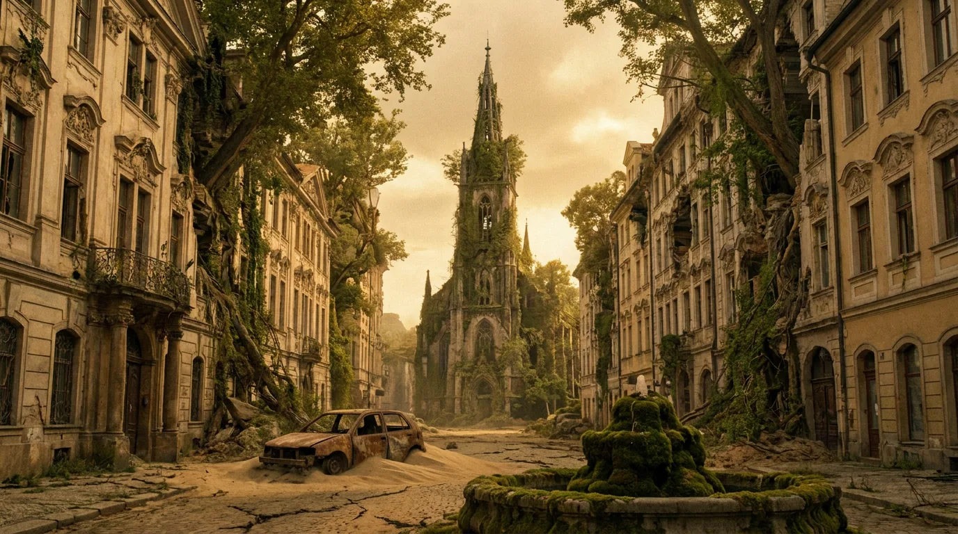 Sand stirs at Aika's feet as they scan the cityscape, eyes squinting against the sun. The once-majestic architecture now stands as a testament to time, overgrown with moss and vines. A faint hum emanates from the CORE7 rig, its broadcast signal piercing the silence. The air is heavy with the metallic scent of decay, a reminder of the world that once was.