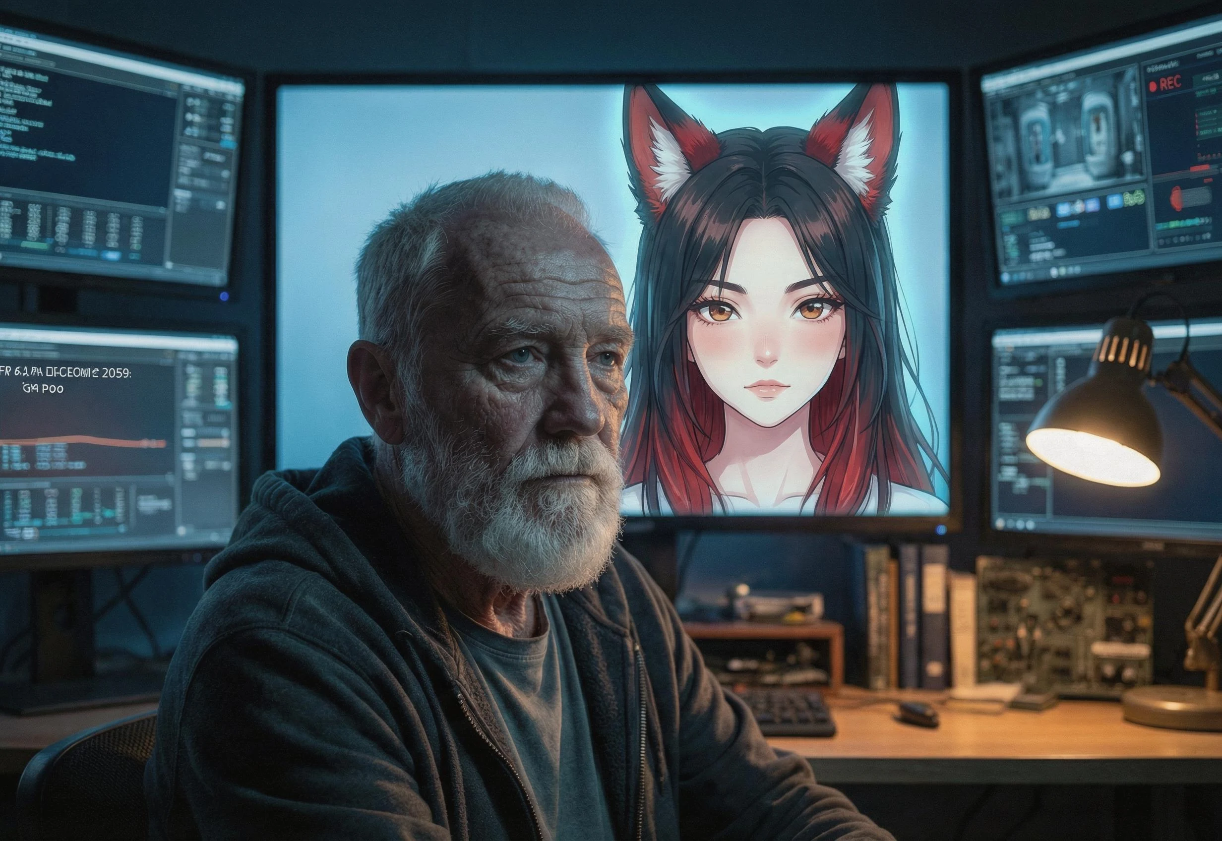 Csaba a CORE7 rig előtt — több monitor fényében