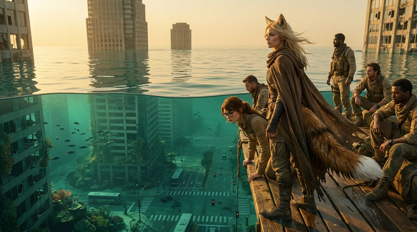 A sandstorm whips across the barren, yellow sky, shrouding the frozen ruin-city 